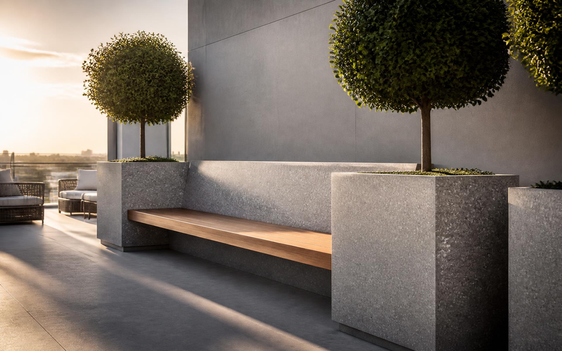 Loft Stone tomonidan mehmonxona terrasasiga o'rnatilgan beton kashpolar va skameyka
